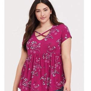 Super Soft Berry Floral Crisscross Babydoll Tee